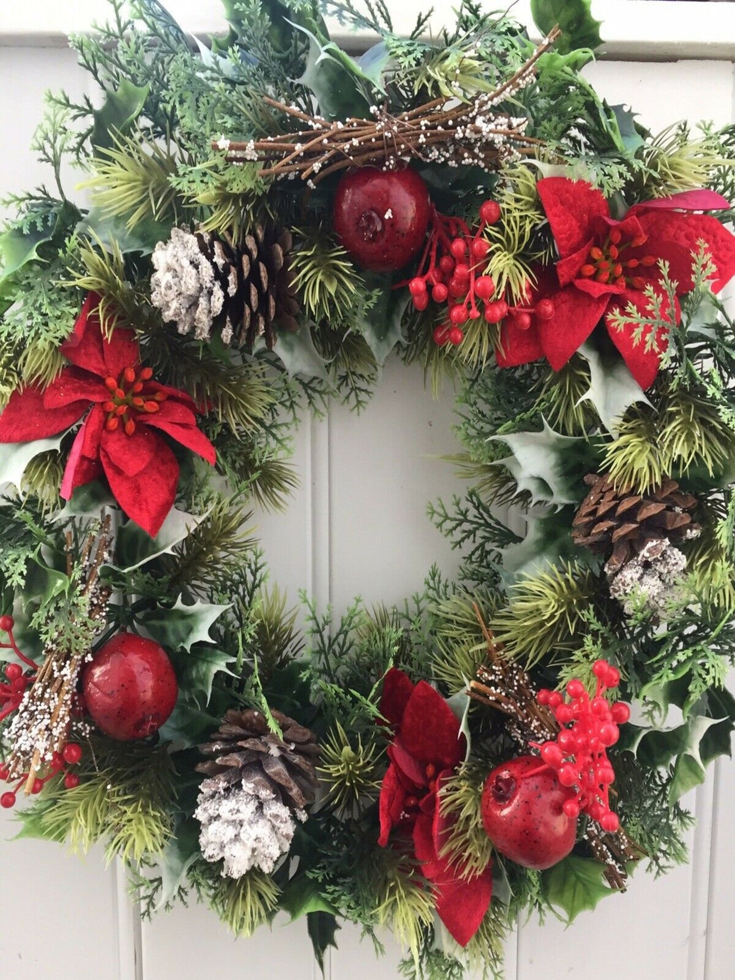 Large Artificial Christmas Wreath with Holly, Poinsettias, Berries, Cones and Fruit