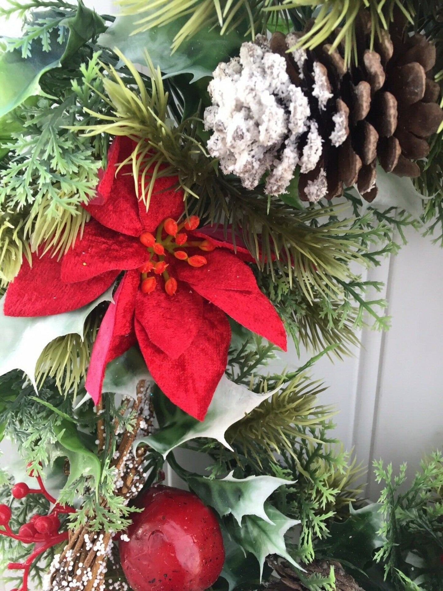 Large Artificial Christmas Wreath with Holly, Poinsettias, Berries, Cones and Fruit