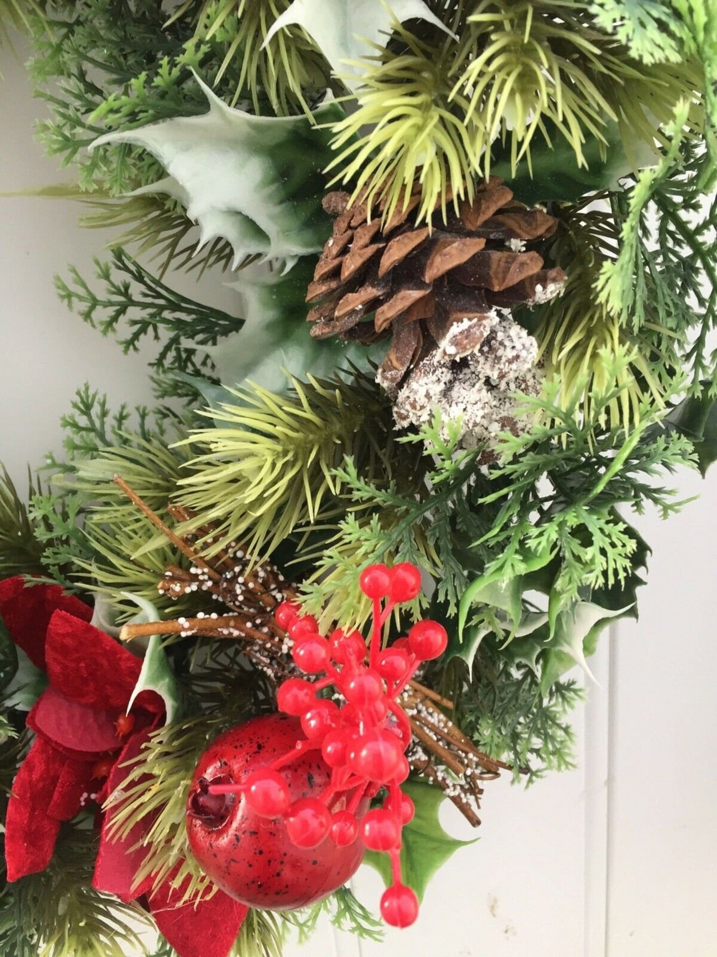 Large Artificial Christmas Wreath with Holly, Poinsettias, Berries, Cones and Fruit