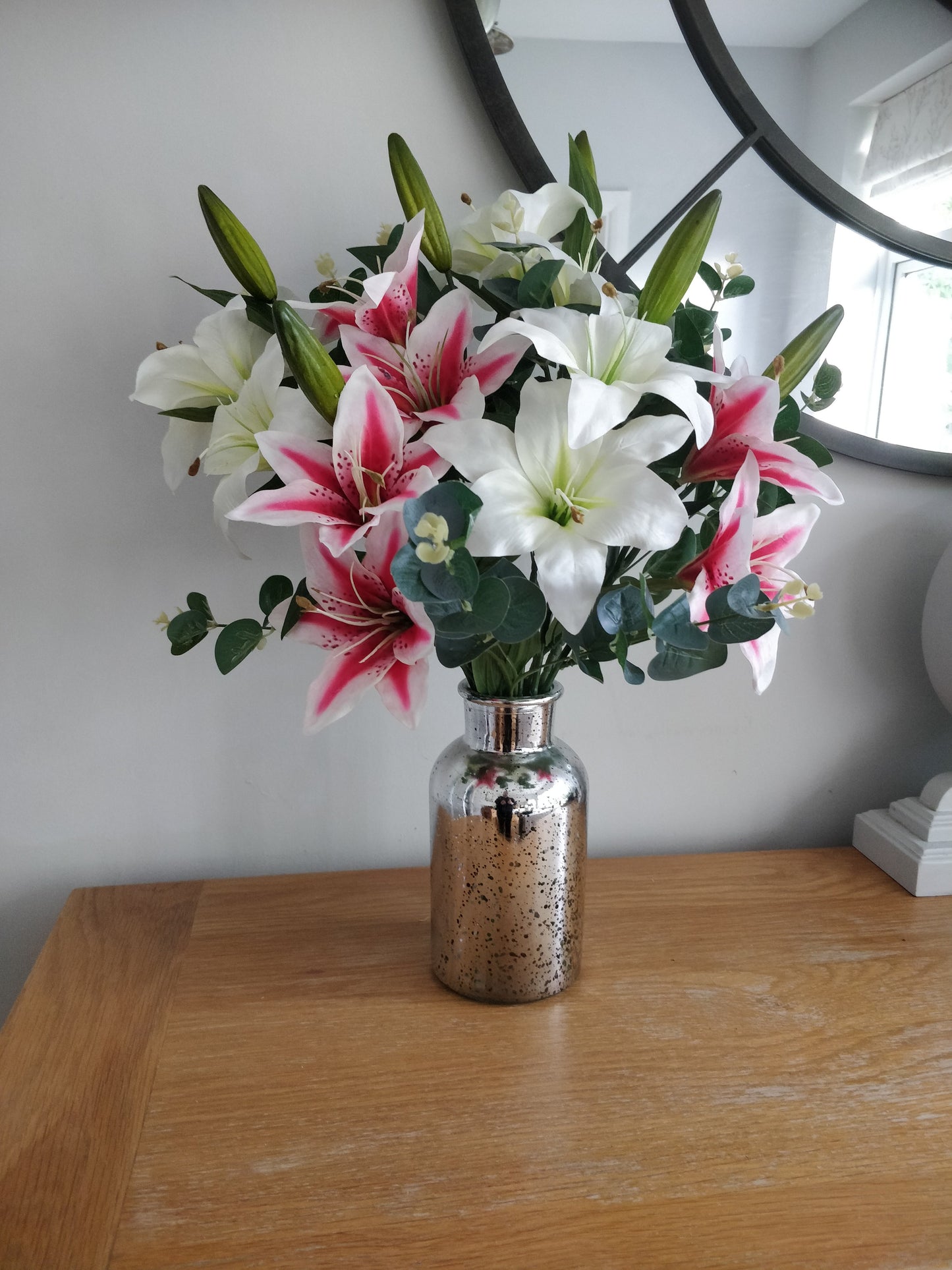 Vase of Pink and White Lilies and Eucalyptus Complete with Silver Glass Vase
