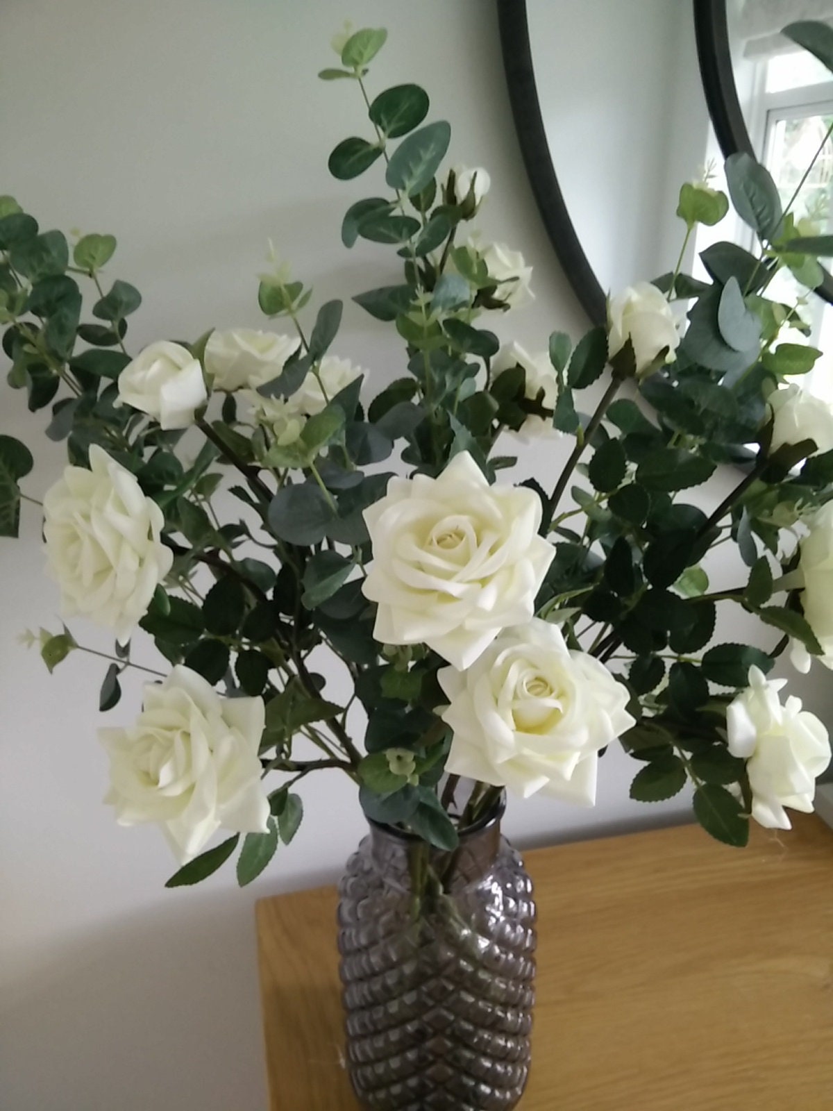 Faux Silk Soft Touch Rose and Eucalyptus Bouquet Mothers Day Gift Birthday Wedding Anniversary Home Grave Decor Long Stems Premium Quality