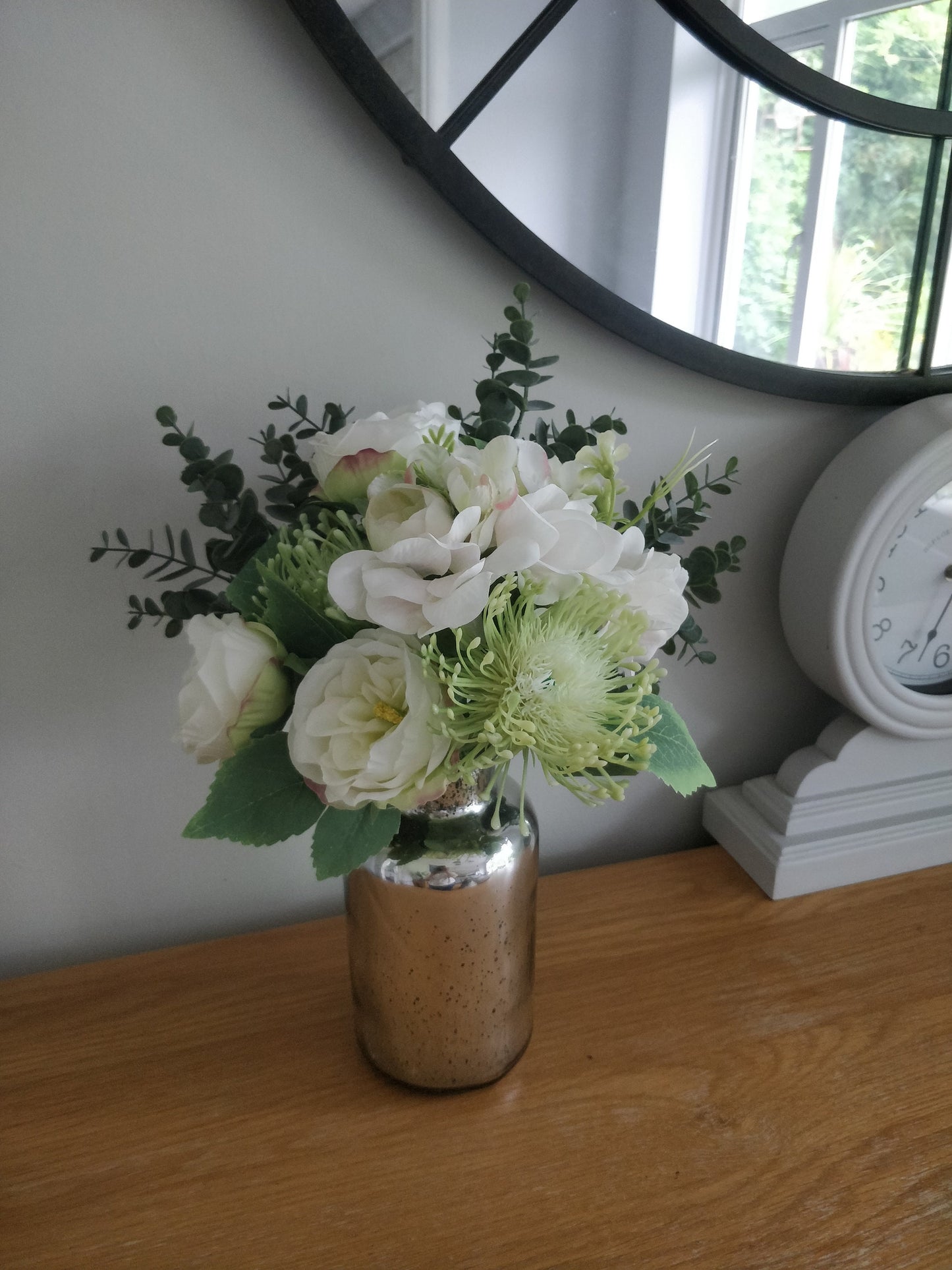 Faux Flower Arrangement Complete with Silver Glass Vase - Rose - Hydrangea - Eucalyptus - Luxury Design - FREE POSTAGE
