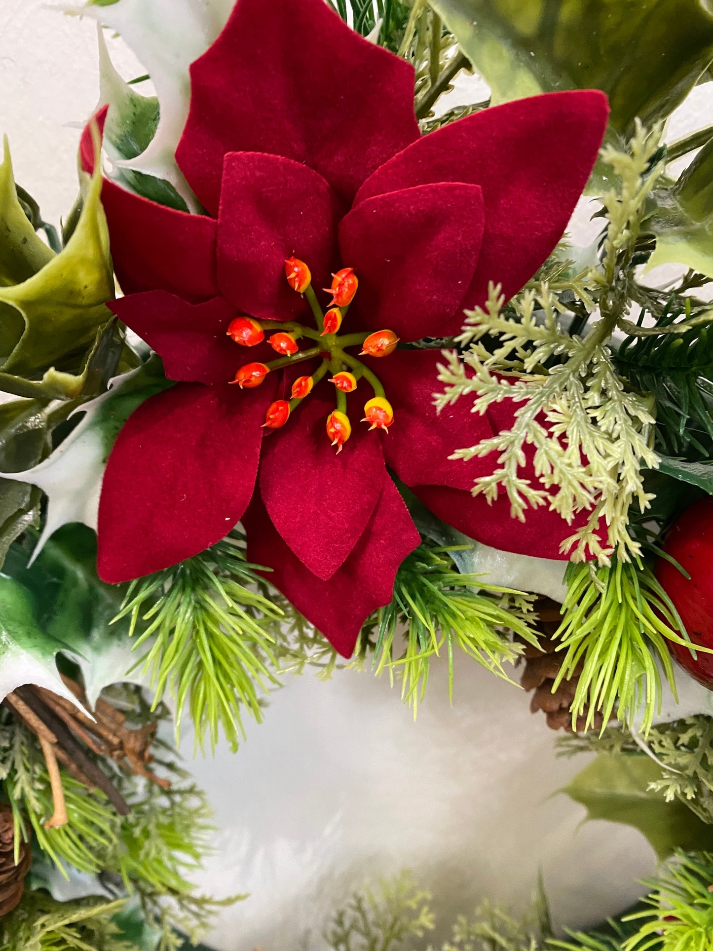 Large Artificial Christmas Wreath with Holly, Poinsettias,  Cones and Fruit