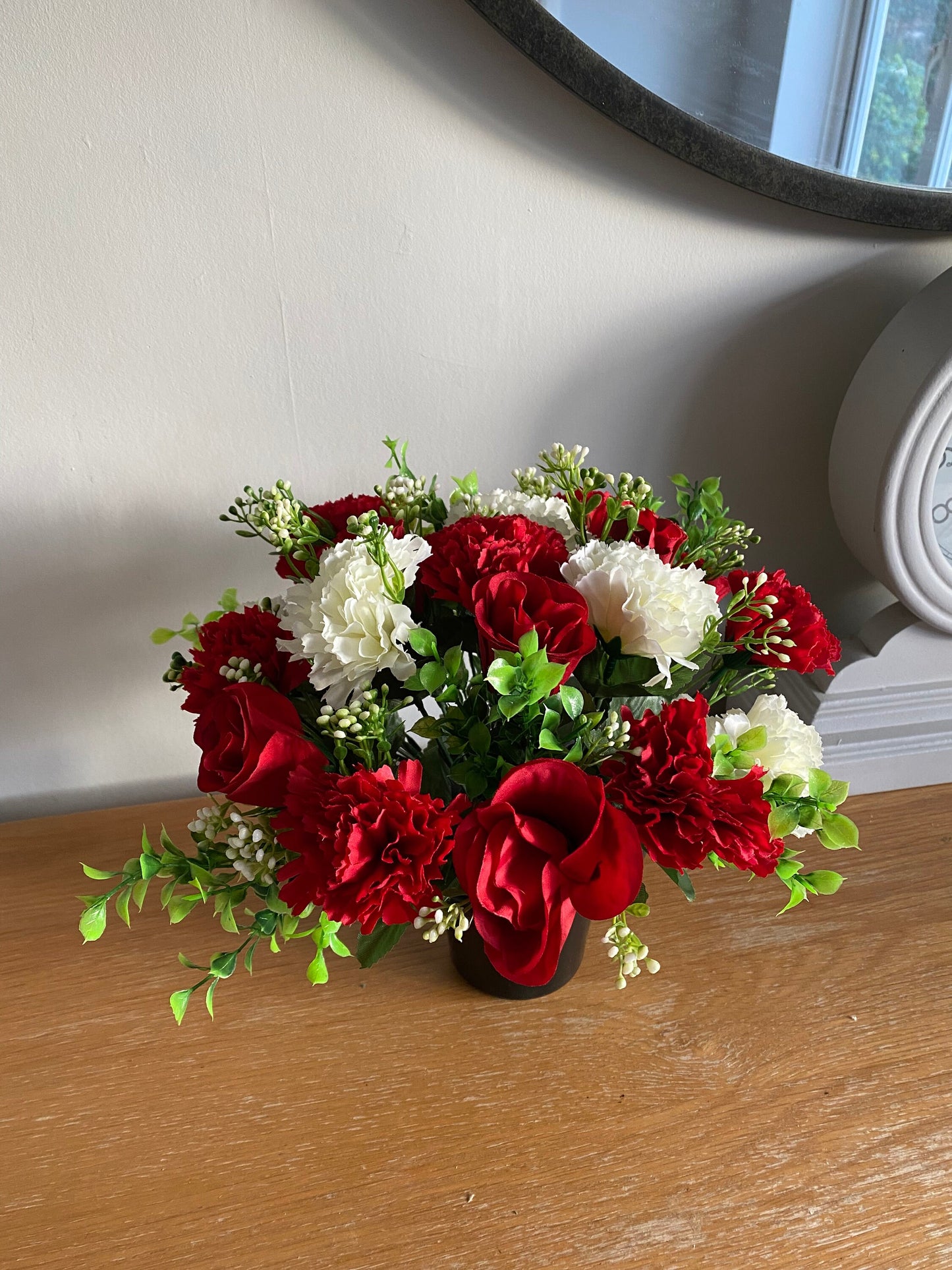 Artificial Graveside red flower arrangement handmade to order free UK postage Roses, Carnations, Gypsophila