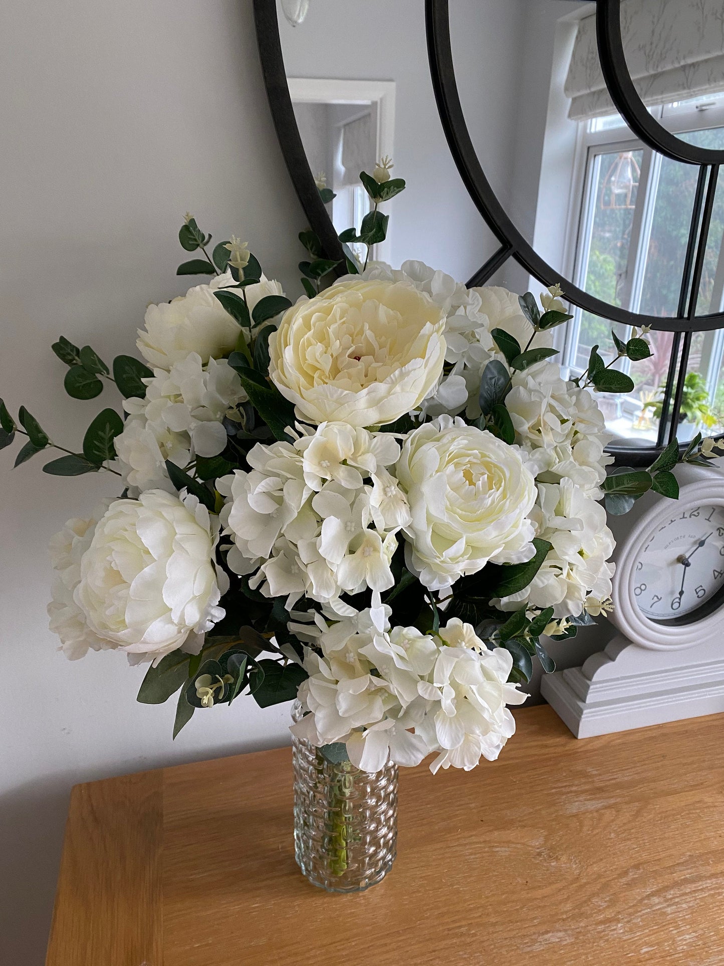 Luxury Faux Silk flower Arrangement Complete with Glass Vase Peonies, Hydrangeas and Eucalyptus Home Decor, Wedding Flowers, Birthday Gift
