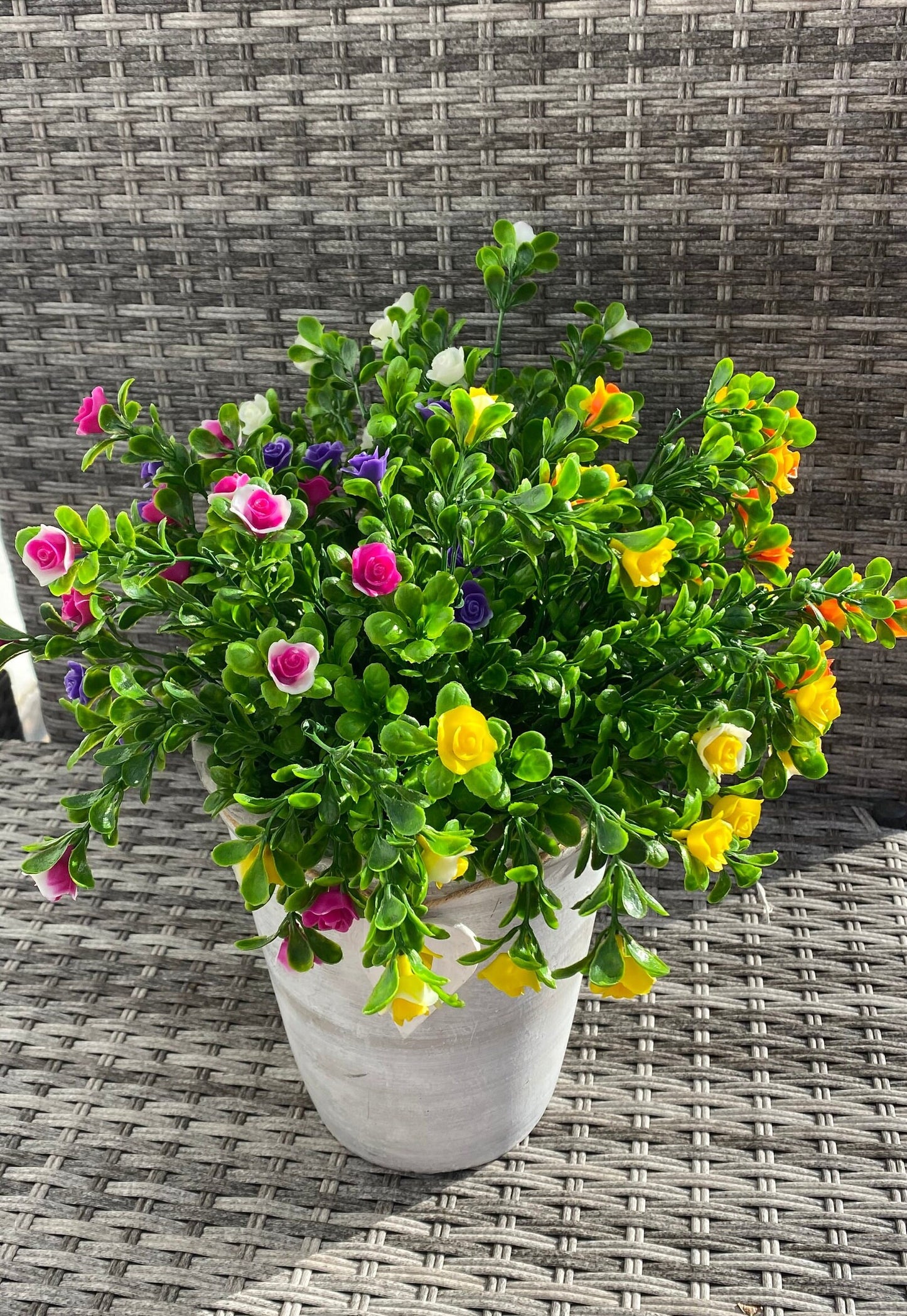 Plastic Flowers Min Roses Bunches x 5 Bushes Assorted Colours Garden Decor Grave Flowers Hanging Baskets Planters free Postage
