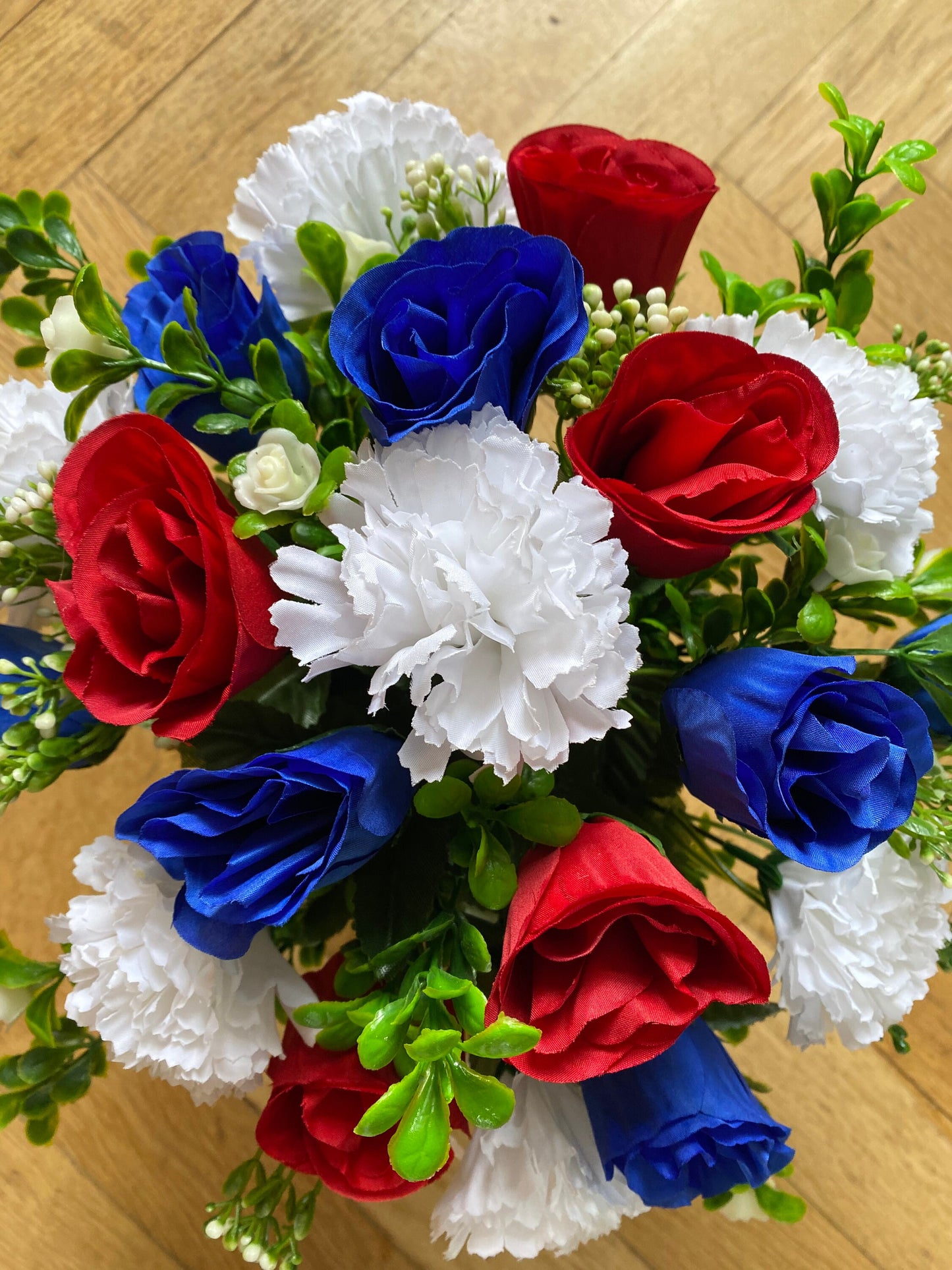 Artificial graveside Flower Arrangement Red, White and Blue Carnations