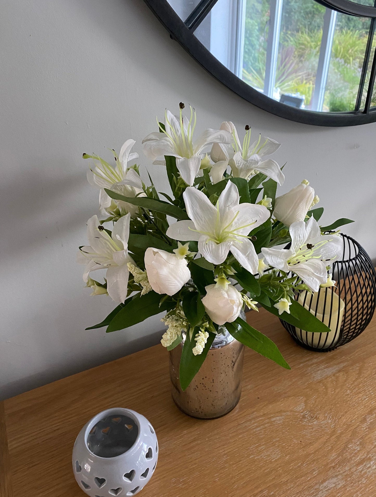 Luxury faux silk ivory Tulip and Lily Mixed Bouquet Bunch home grave garden wedding