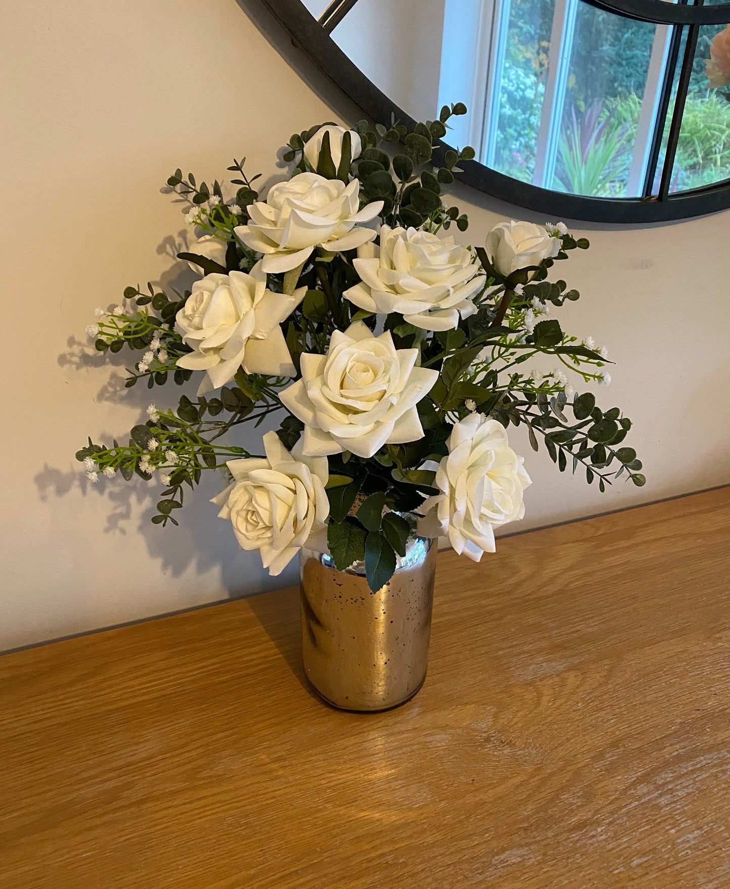 Faux Flower Rose Ivory Cream Rose Gyp Eucalyptus Complete with Silver Glass Vase Birthday Gift Anniversary Wedding Home Decor Free Postage