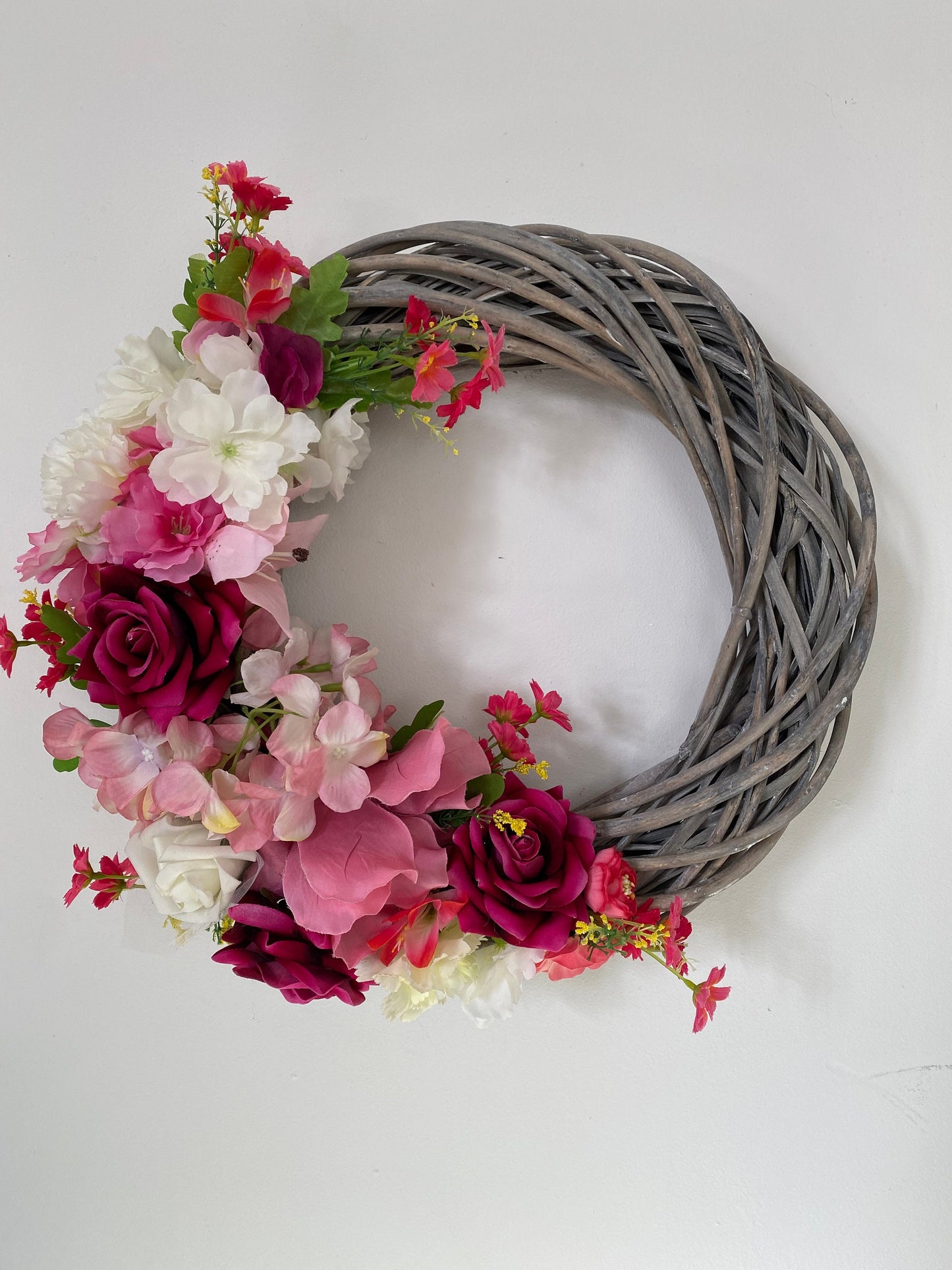 Large Silk Flower Wreath Hydrangea Lilies and Roses 40cm Grey Washed Wreath Free Postage