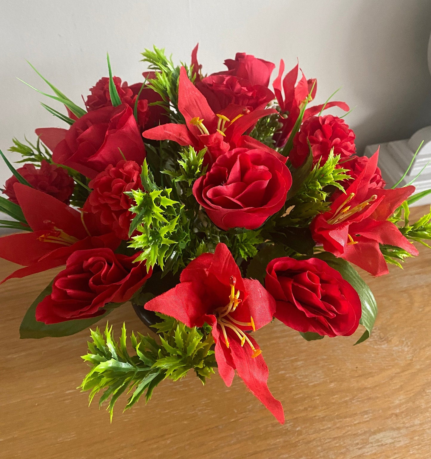 Red Artificial Graveside Memorial Flower Arrangement Handmade to Order Free Postage