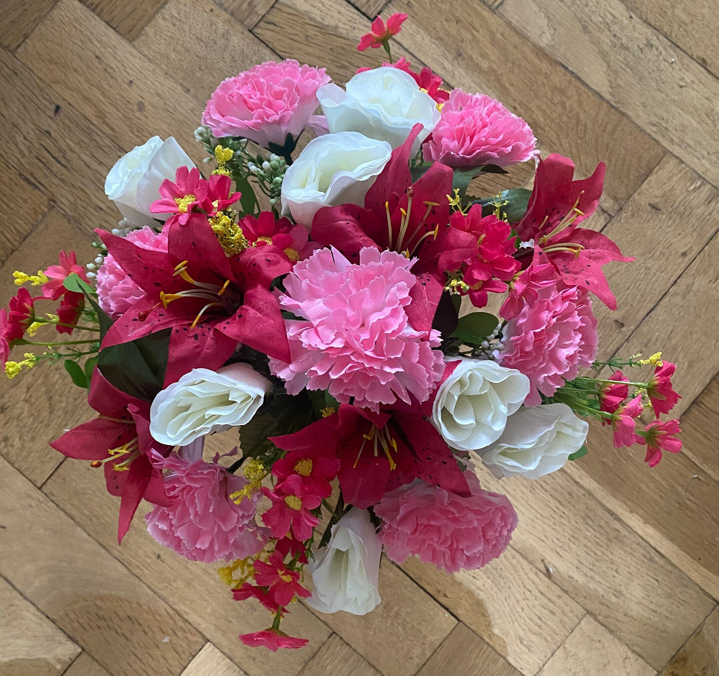 Pink Grave Flower Arrangement with Crem Pot Handmade to Order Carnations Lilies Daisies Free Postage
