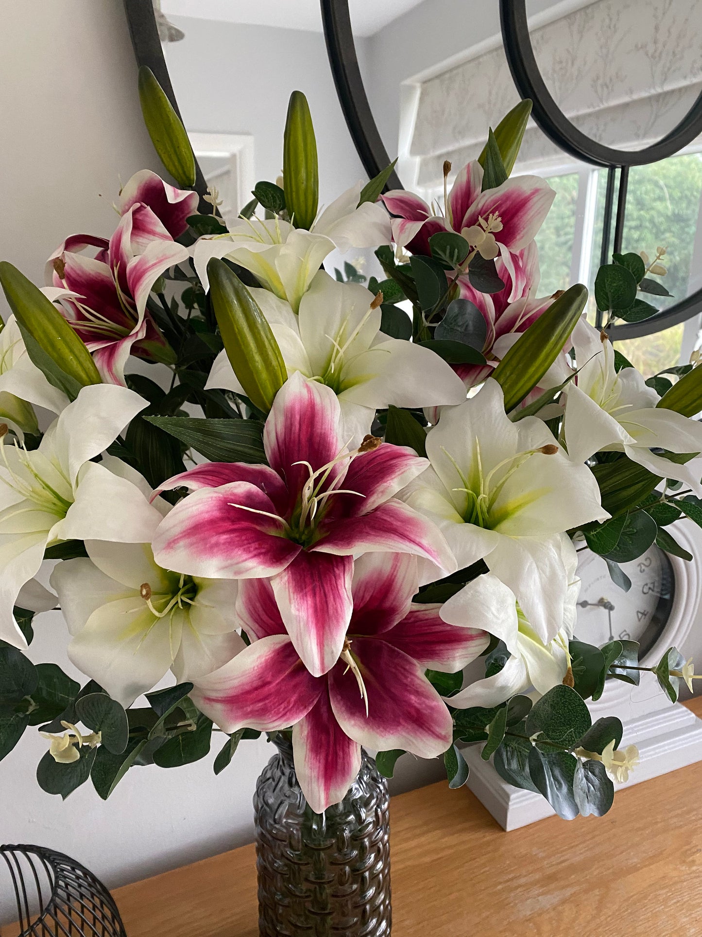 Vase full of Lilies and Eucalyptus Luxury Faux Silk Flower Arrangement Complete with Grey Glass Vase FREE POSTAGE
