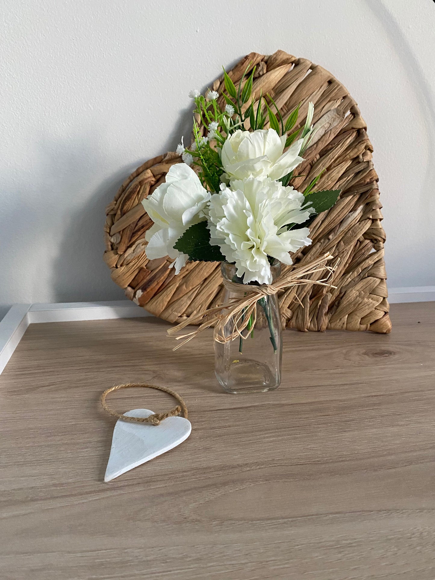 Glass Mini Milk Bottle with Peonies Carnations Gyp and Fern faux Silk Flower Arrangement Home Decor Gift Free Postage