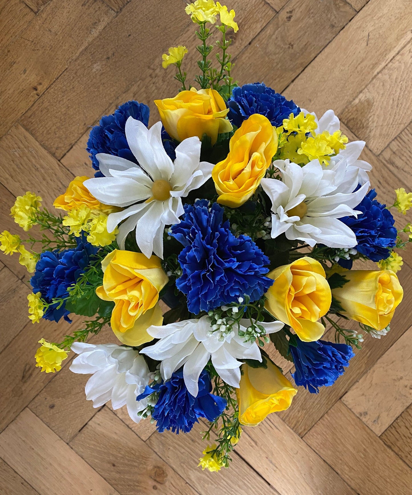 Artificial Silk Graveside Flower Arrangement In Blue and White Lovingly Handmade To Order Carnations Roses Chrysants Free Postage