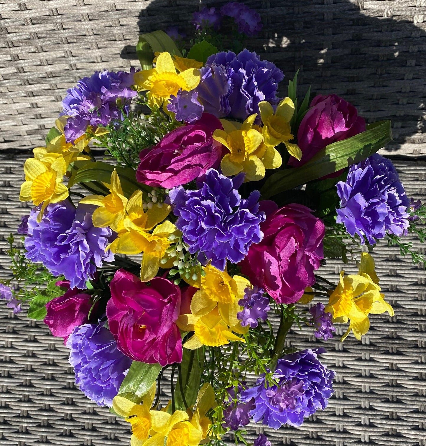 Artificial Flower Graveside Arrangement Carnations, Camelia & Narcissus