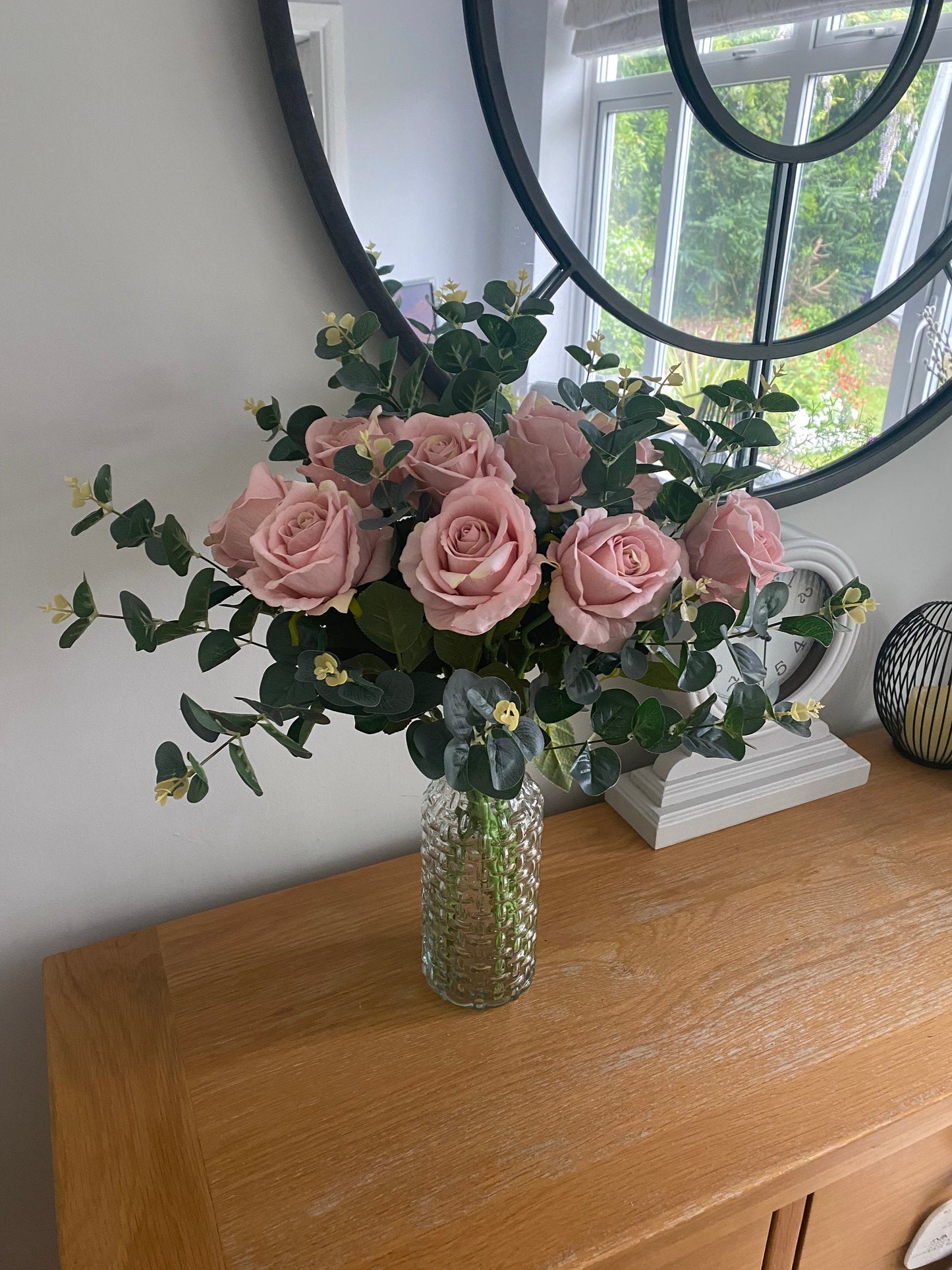 Luxury Faux Silk Soft Pink Rose & Eucalyptus Flower Arrangement in a Glass Vase Anniversary Gift Wedding Soft Touch FREE POSTAGE
