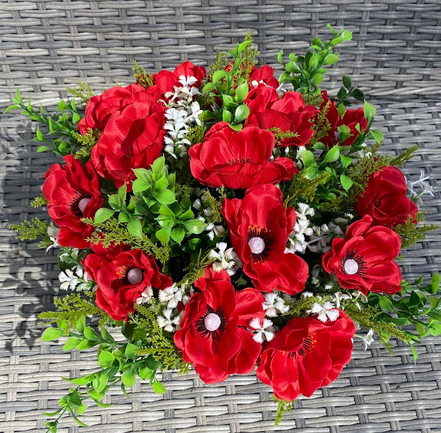 Artificial Silk Flower Grave Pot Arrangement Red Poppy Flowers Memorial Flowers Poppies Handmade Rememberence Memorial FFREE POSTAGE