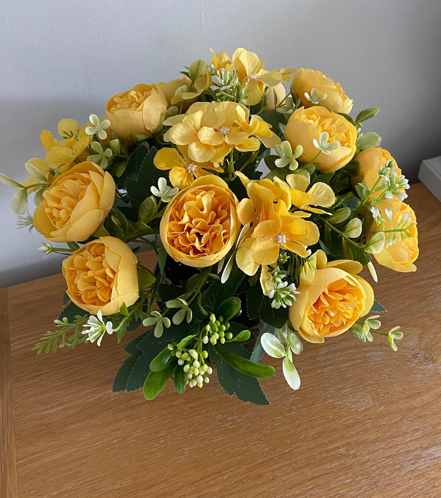 Luxury Grave pot with flowers. Artificial Flowers for grave side cemetery, memorial TributeYellow Peonies Hydrangeas and Greenery Free Post