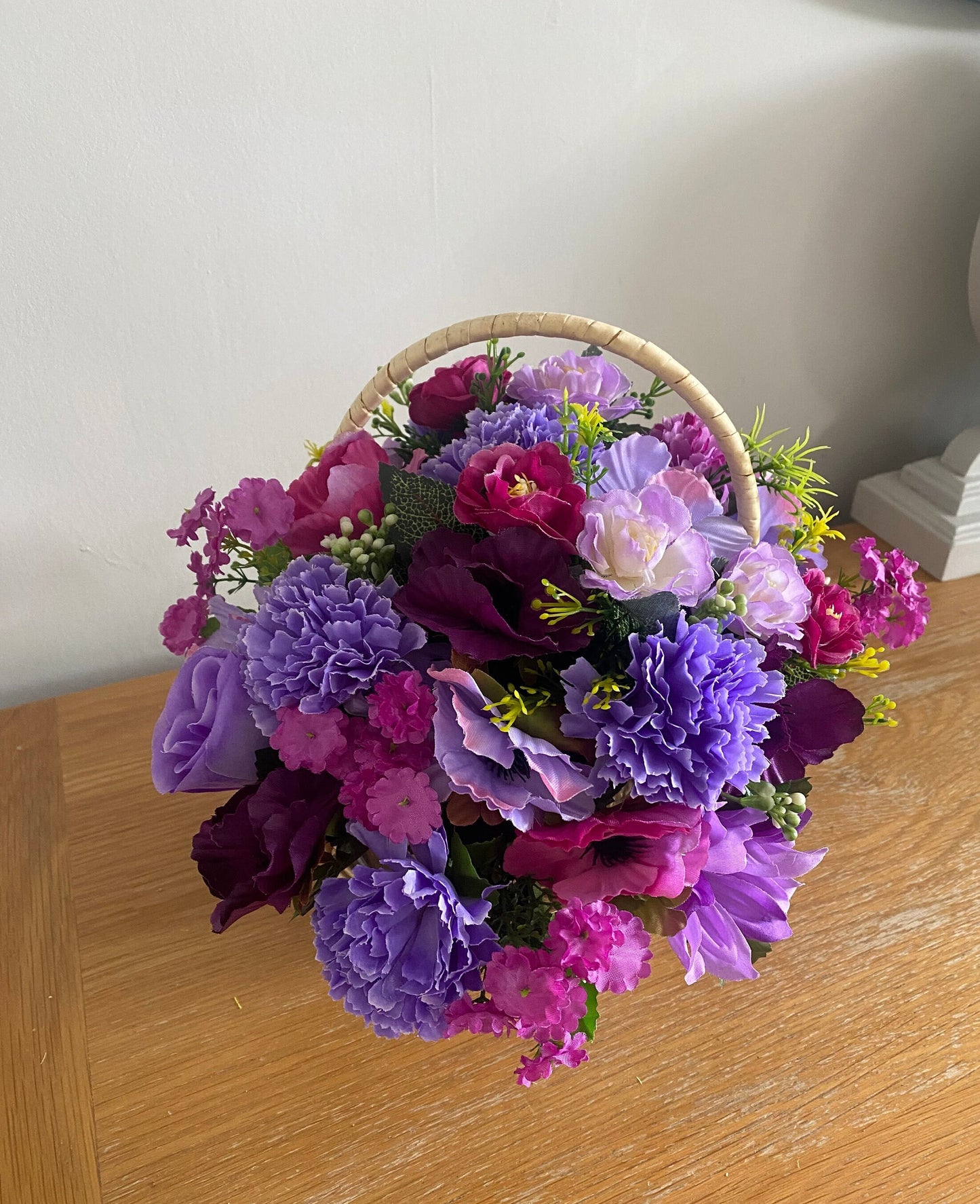 Artificial Flower Country Basket Flower Arrangement in shades of Purples and Lilacs