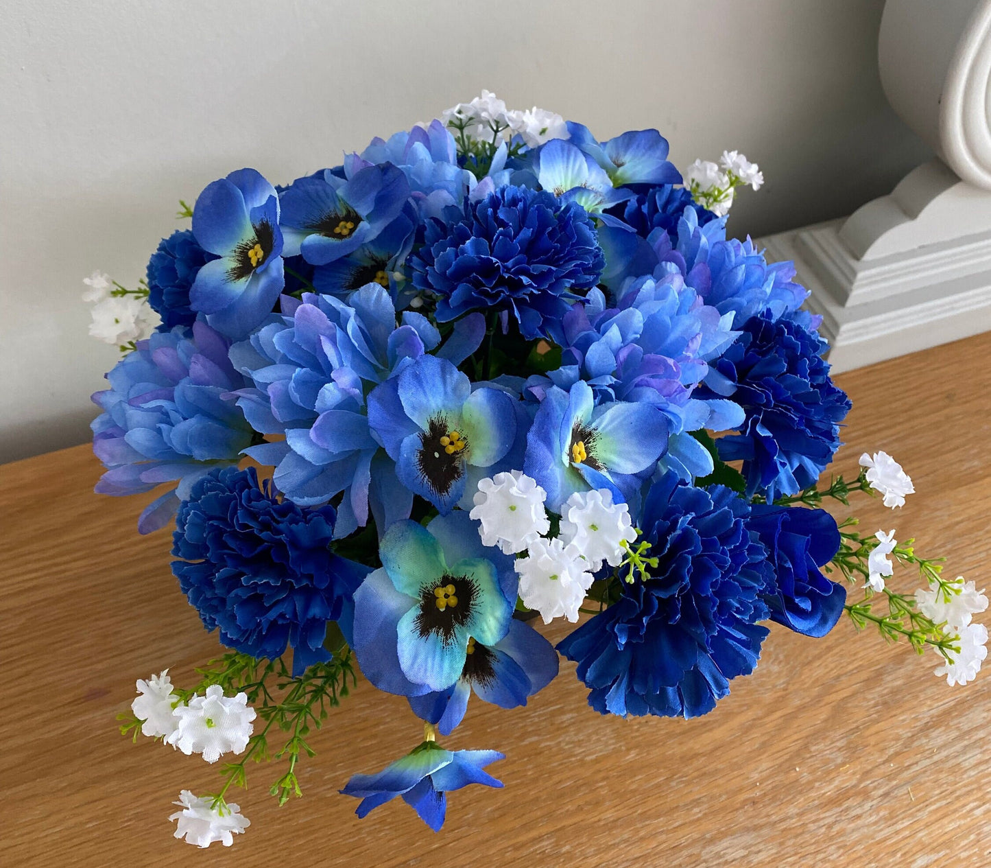 Faux Silk Grave Flower Arrangement Display Handnmade Blue Flowers Carnations Pansies Dahlia and Babies Breath  Free Postage
