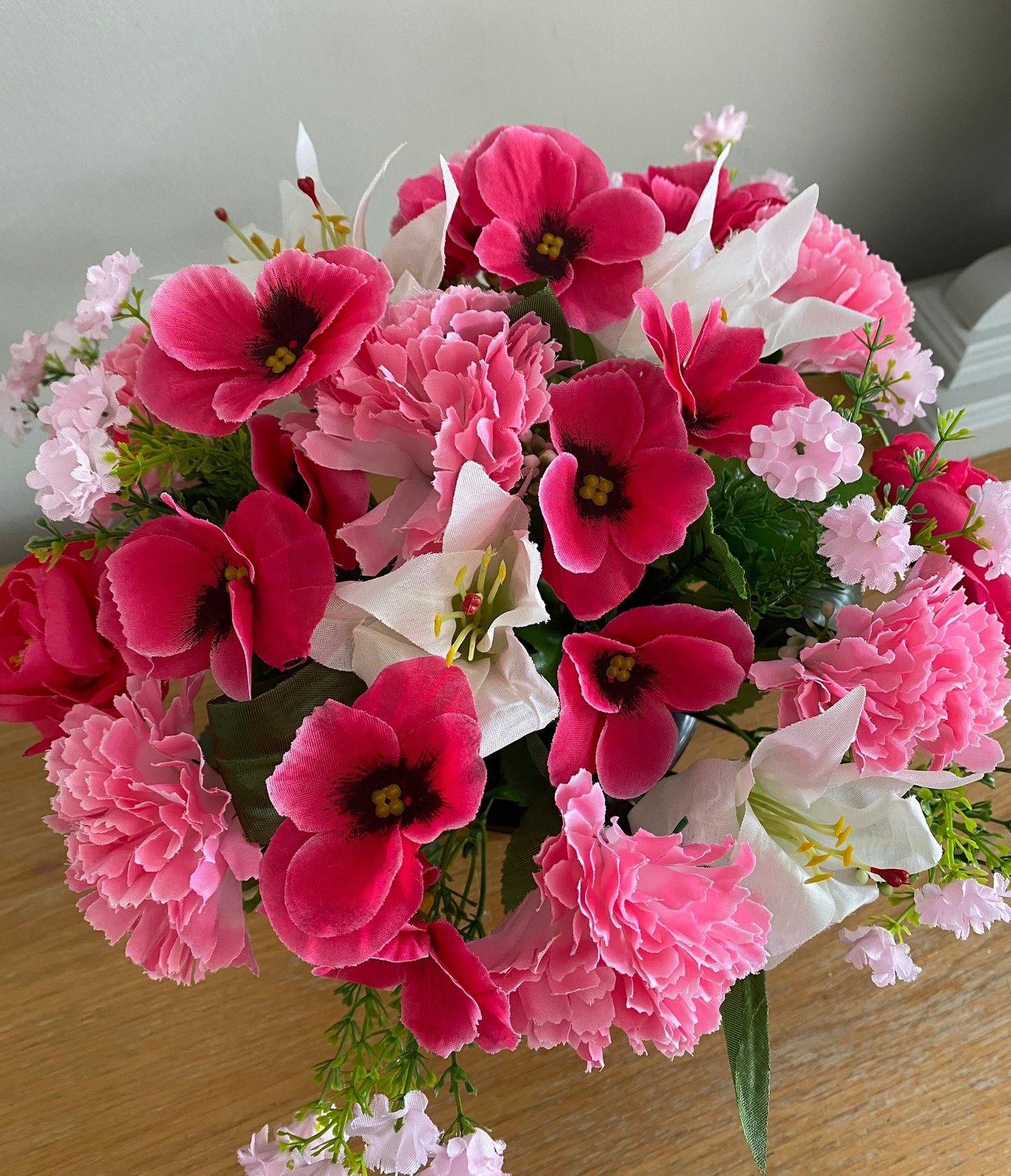 Pink Silk Flower Graveside Memorial Flower Arrangement Lilies Carnations Pansies and Babies Breath Flower Arrangement Everlasting Flowers