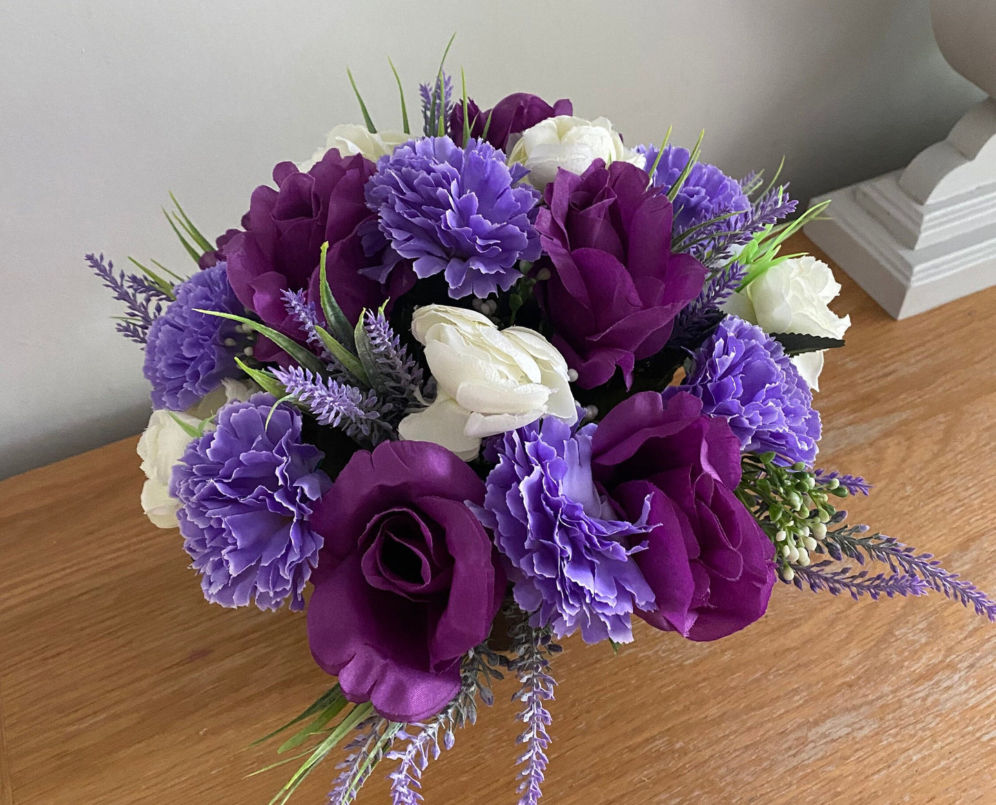 Artificial Silk Graveside Flower Arrangement in Purples and Lilacs Carnation Rose Camelia and Lavender Mix Handmade to Order free Postage