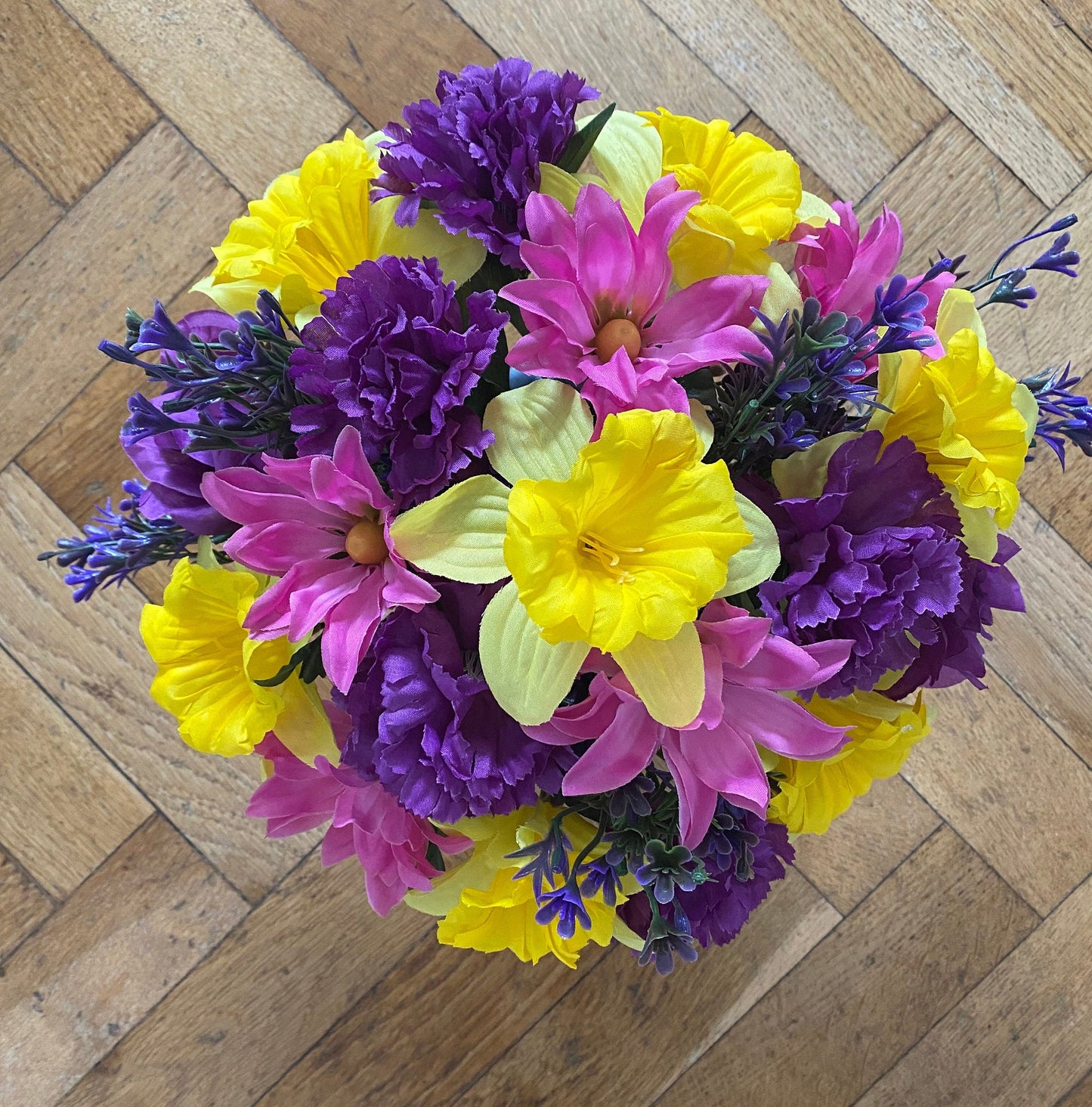 Artificial Silk Daffodil Daisy and Rose Graveside Flower Arrangement Handmade To Order Free Postage