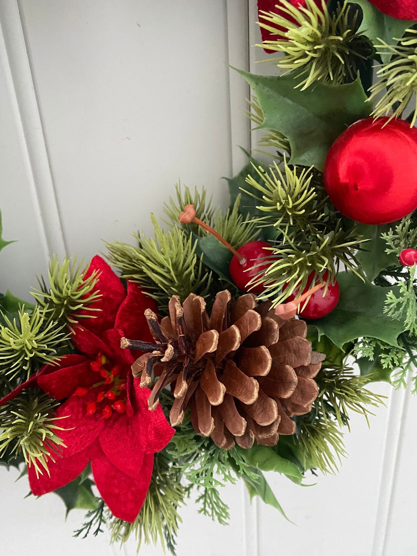 Large Artificial Christmas Wreath with Holly, Poinsettias and Cones
