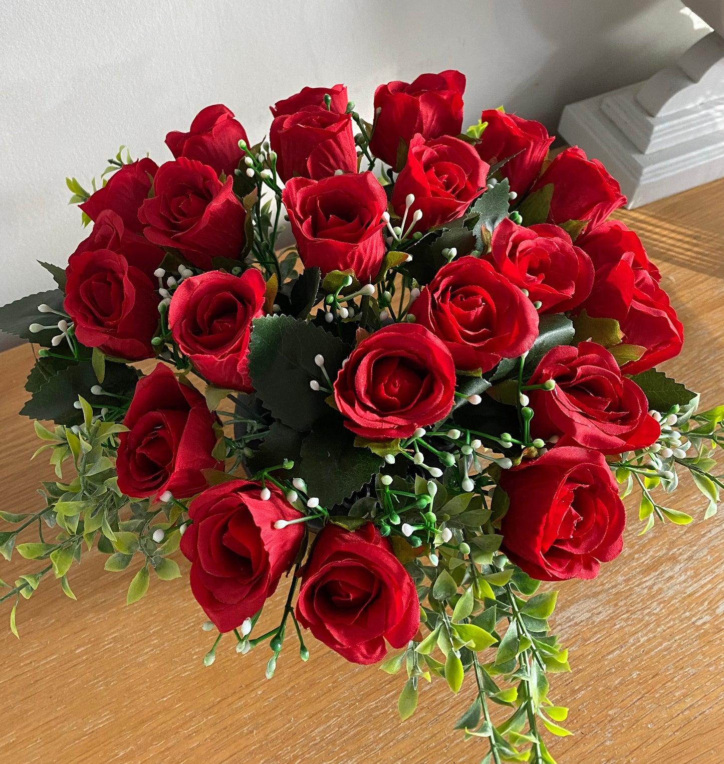 Artificial Flower Graveside Arrangement Red Roses and Gyp