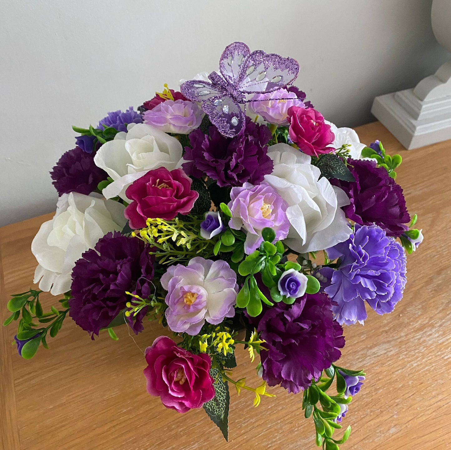 Artificial Graveside purple flower arrangement - Carnations Babies Breath and Camelia