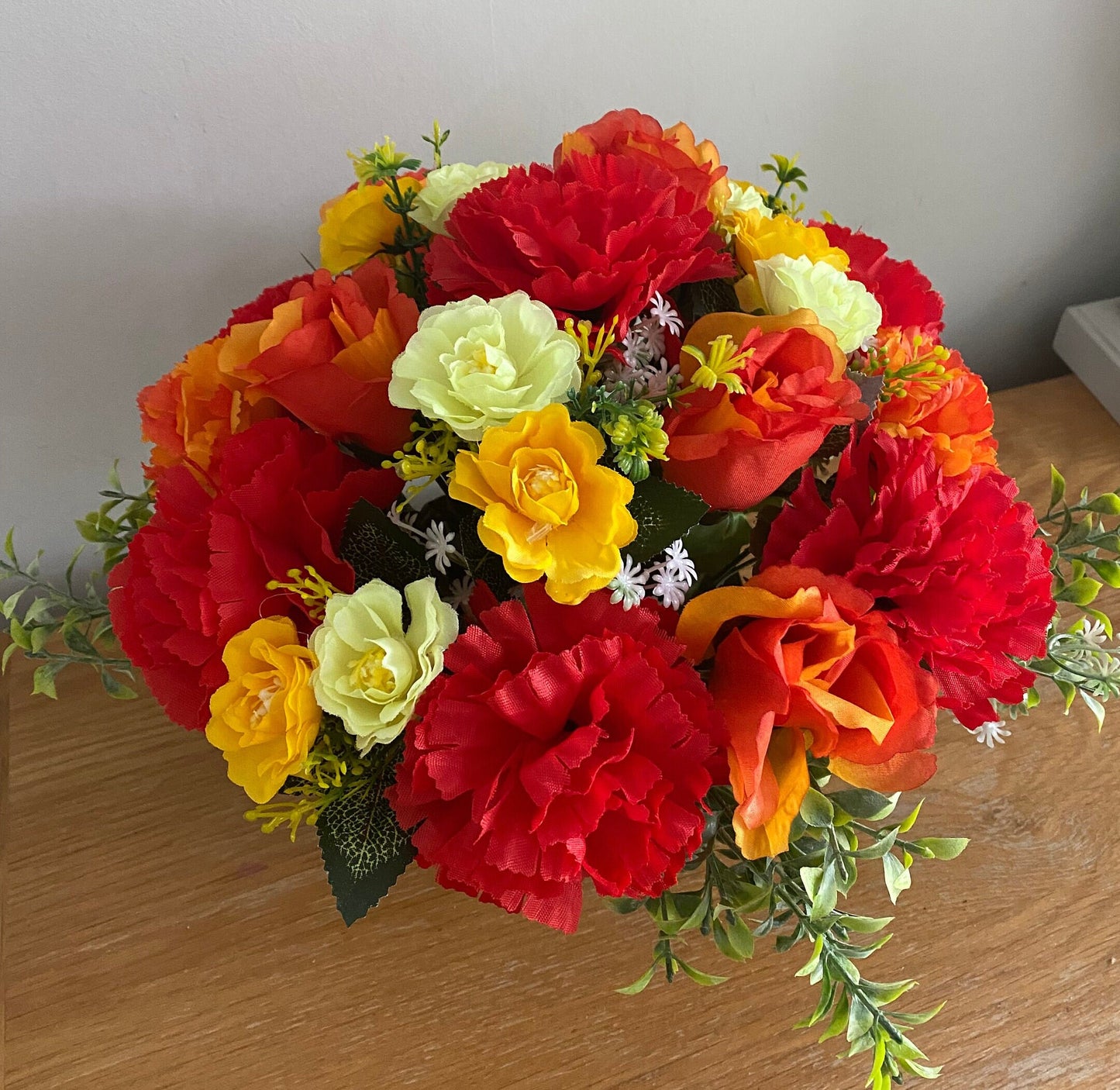 Artificial Faux Silk Flower Graveside Arrangement  Marigolds Lilies Roses