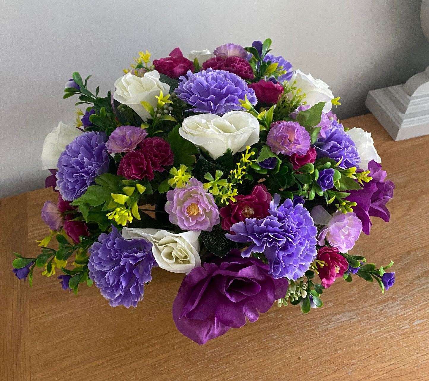 Large Artificial Flower Grave Pot Arrangement in shades of Purple Lilac and Cream