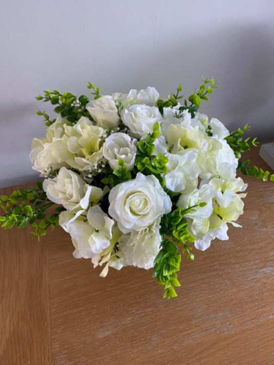 Artificial Flowers Rose and Hydrangea Grave Pot Arrangement in Cream and Ivory