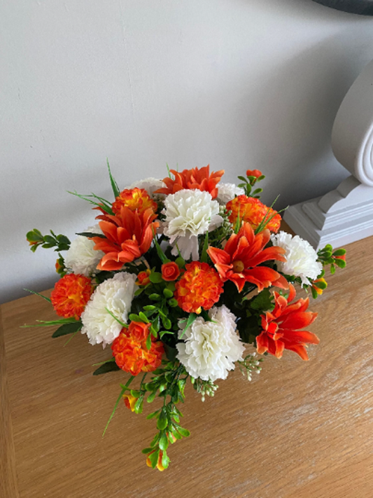 Artificial Grave Pot Arrangement with Chrysanthamums Carnations and Roses in Orange and White