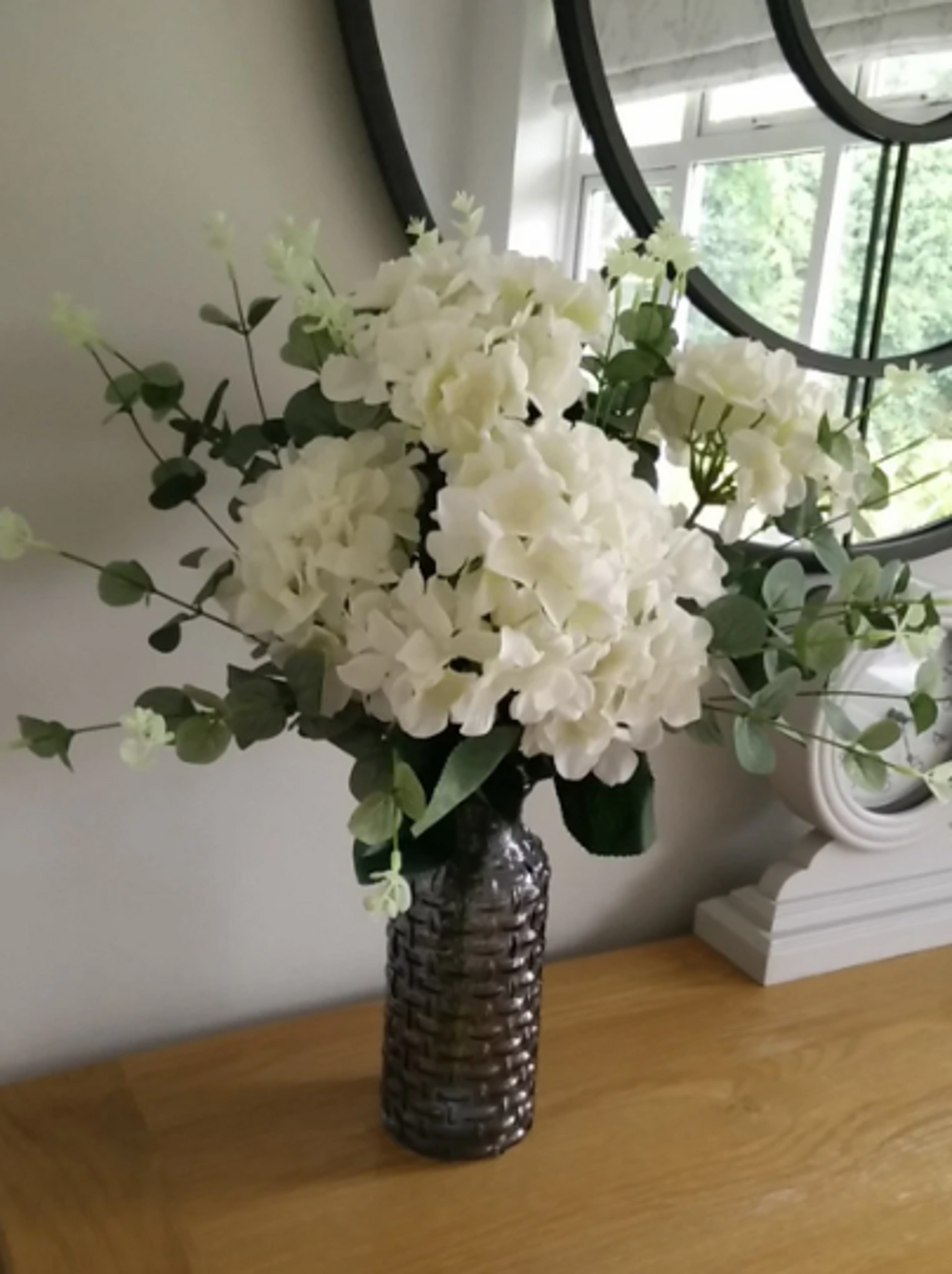Artificial Flower Ivory Hydrangea and Eucalyptus Mix Arrangement in a Charcoal Grey Glass Vase
