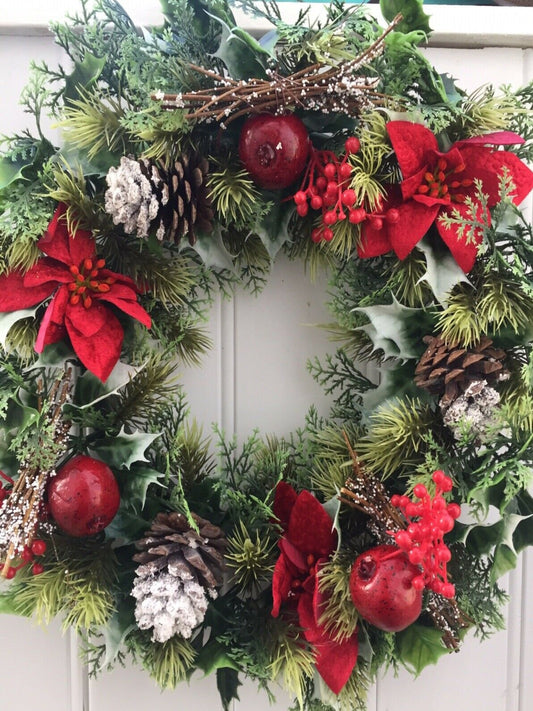Large Artificial Christmas Wreath with Holly, Poinsettias, Berries, Cones and Fruit