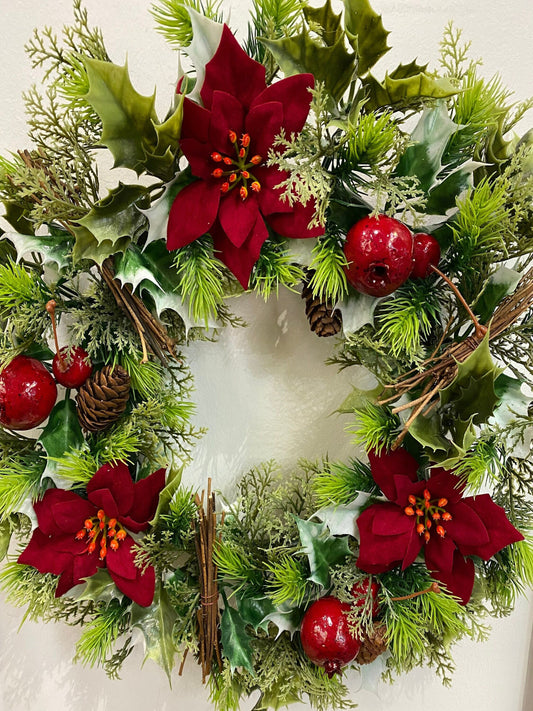 Large Artificial Christmas Wreath with Holly, Poinsettias,  Cones and Fruit