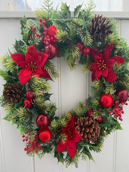 Large Artificial Christmas Wreath with Holly, Poinsettias and Cones