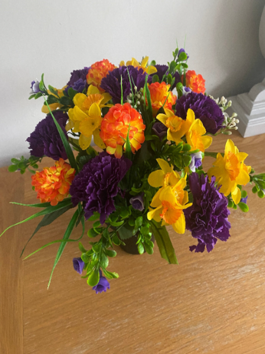 Artificial Graveside Flower Arrangement with Daffodils, Chrysanthemums and Carnations
