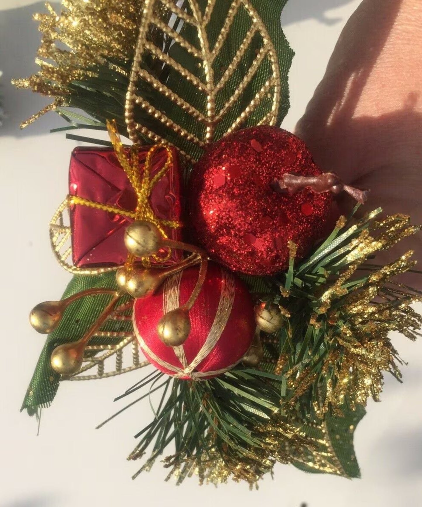 4 Christmas Picks  - Red and Gold Apple Leaf and Parcels