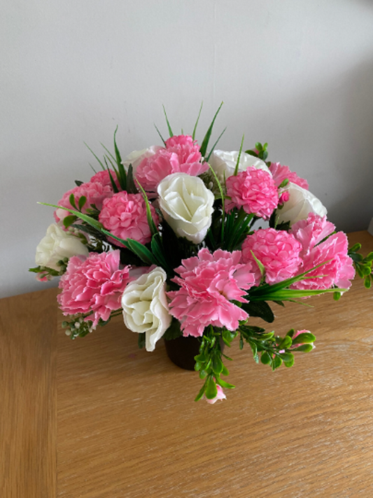Artificial Grave Pot Arrangement with Pink Carnations and White Roses
