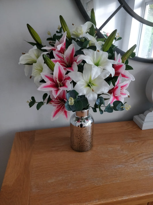 Vase of Pink and White Lilies and Eucalyptus Complete with Silver Glass Vase