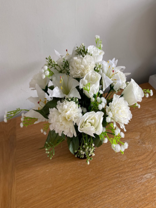Artificial Flower Grave Pot Arrangement with Lilies, Roses and Carnations