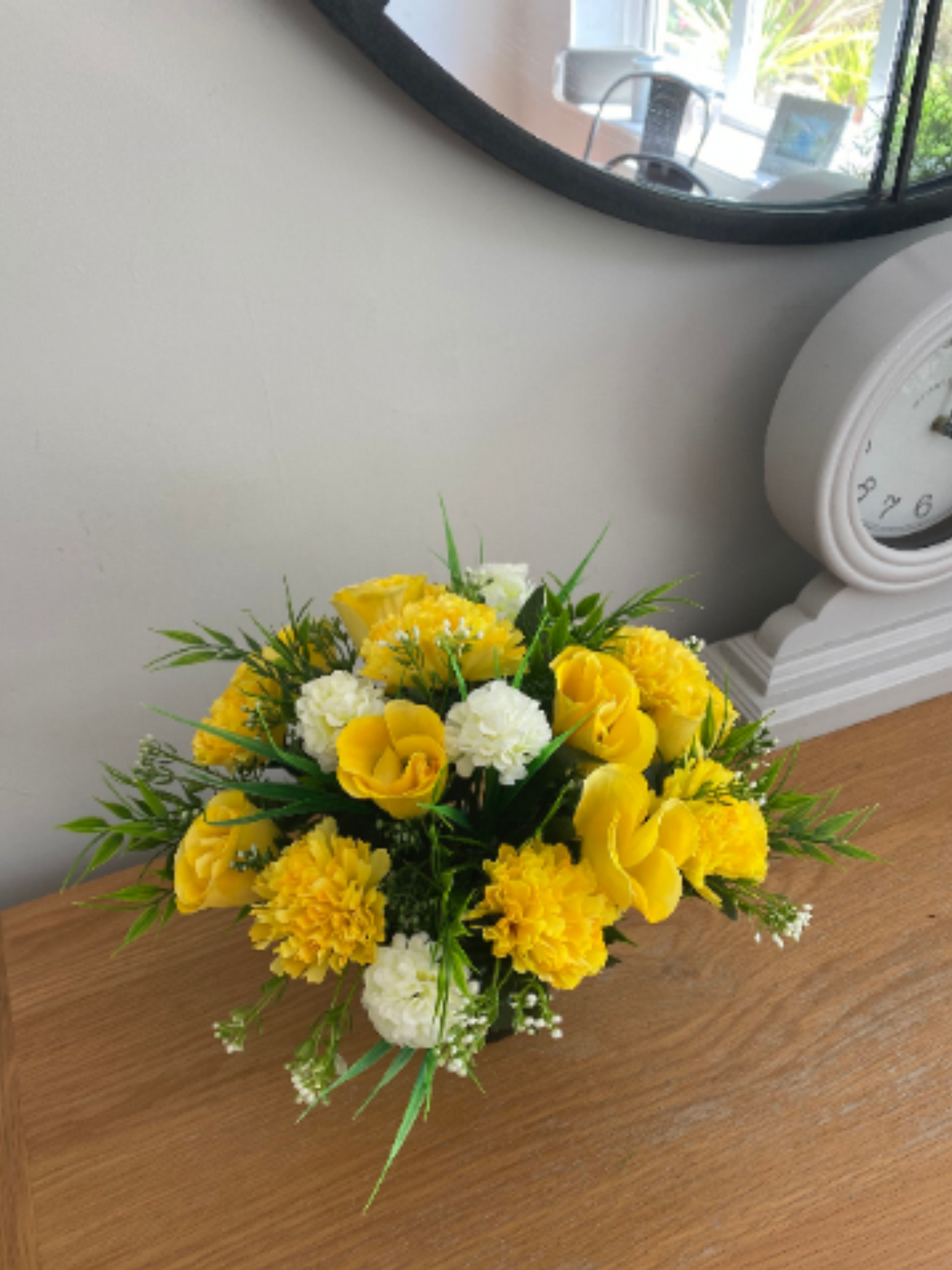 Artificial Flower Yellow Rose, Carnation and Daisy Grave Pot Arrangement