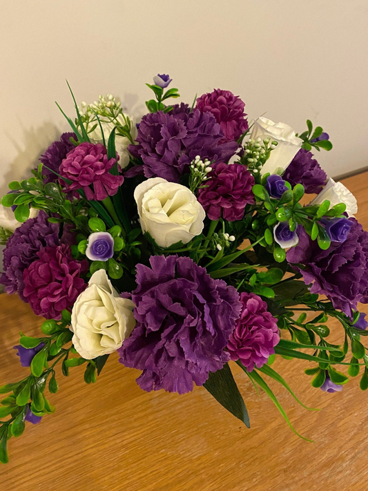 Artificial Graveside Purple flower arrangement  Roses, Carnations and Chrysanthemums