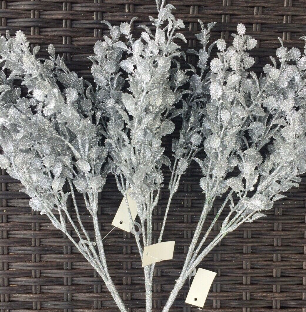 Artificial Flowers 3 Bunches of Silver Glittered Eucalyptus