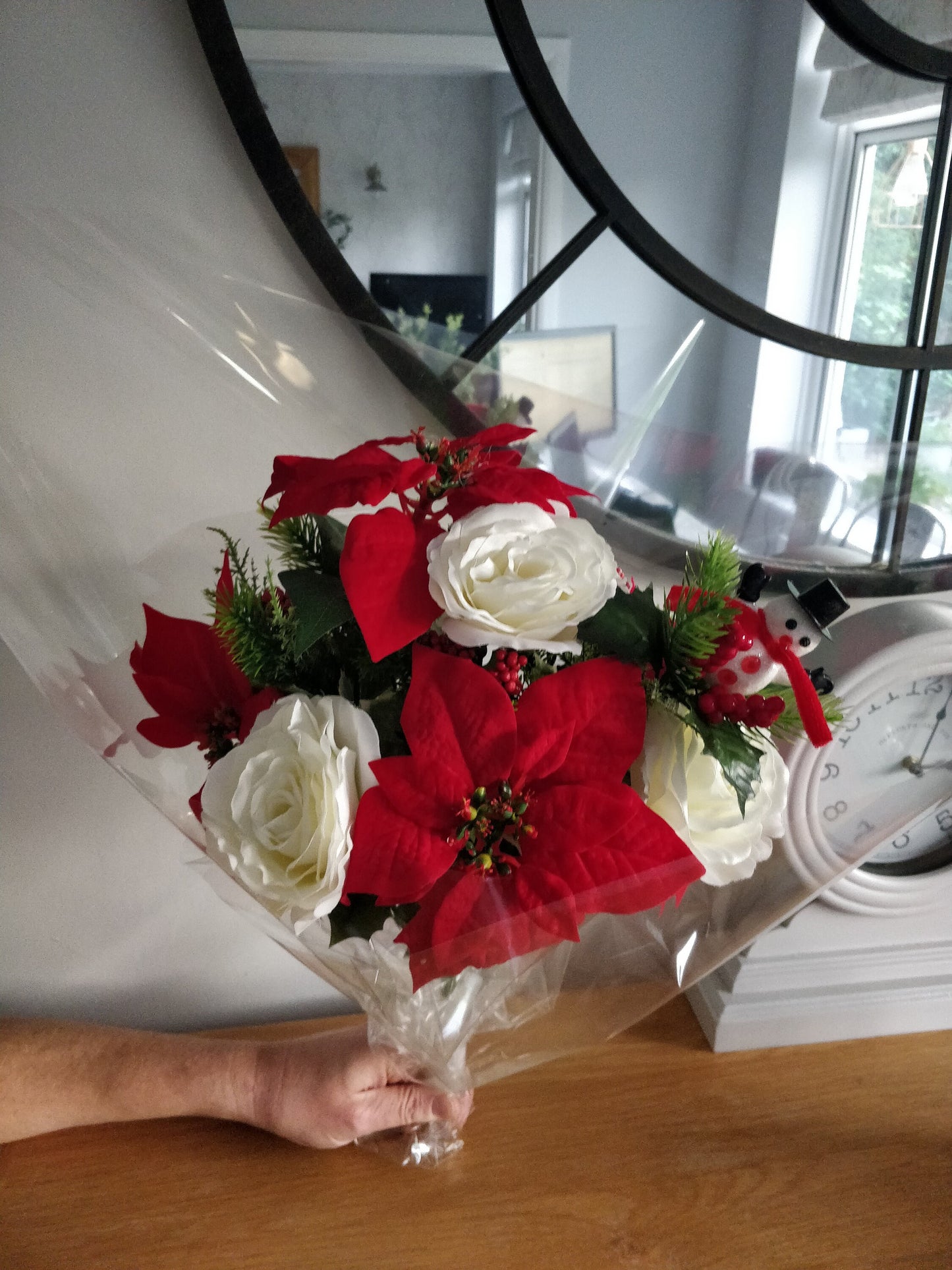 Artificial Flower Christmas Bouquet - Poinsettias, Roses, Holly and Berries