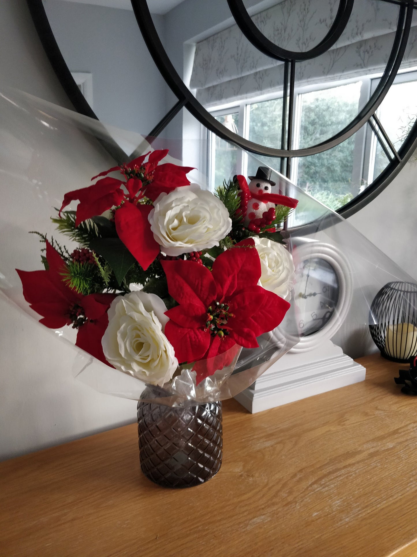 Artificial Flower Christmas Bouquet - Poinsettias, Roses, Holly and Berries