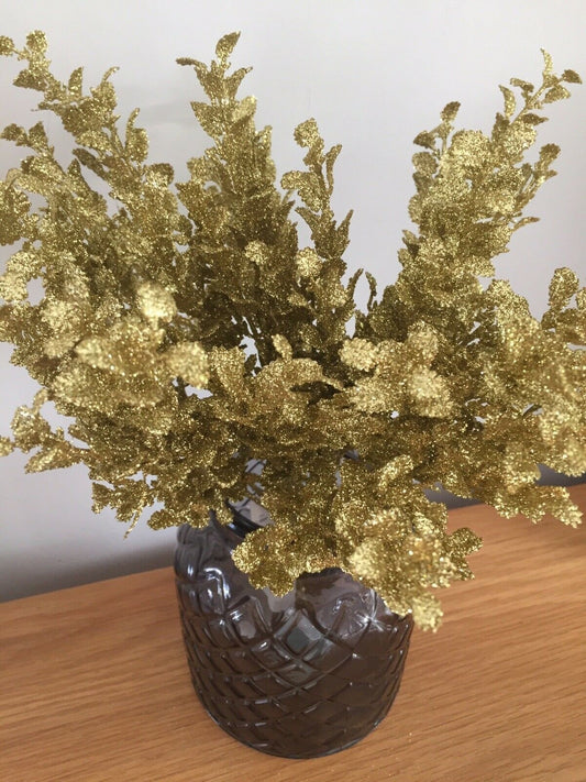 Artificial Flowers 3 Bunches of Gold Glittered Eucalyptus